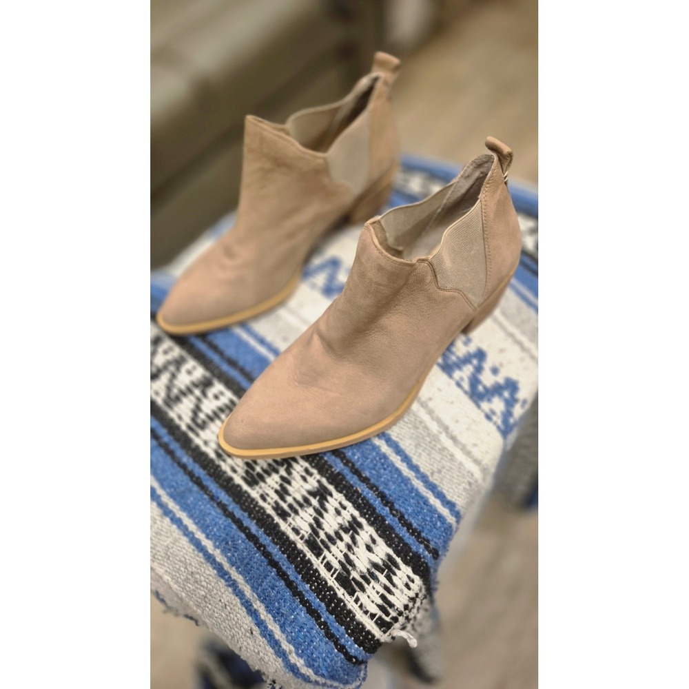 Taupe Suede Ankle Boots Pointed Toe Minimalist Chic Neutral Booties Size 8